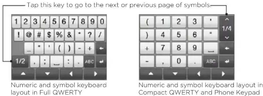 Tap this key to go to the next or previous page of symbols. Numeric and symbol keyboard layout in Full QWERTY Numeric and symbol keyboard layout in Compact QWERTY and Phone Keypad