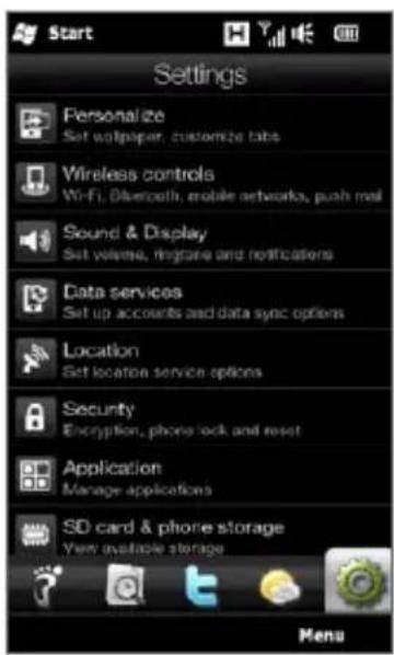 Settings Personalize Set wallpaper, customize tabs Wireless controls Wi-Fi, Bluetooth, mobile networks, push mail Sound & Display Set volume, ringing and notifications Data services Set up accounts and data sync options Location Set location service options Security Encryption, phone lock and reset Application Manage applications SD card & phone storage Very available storage Menu