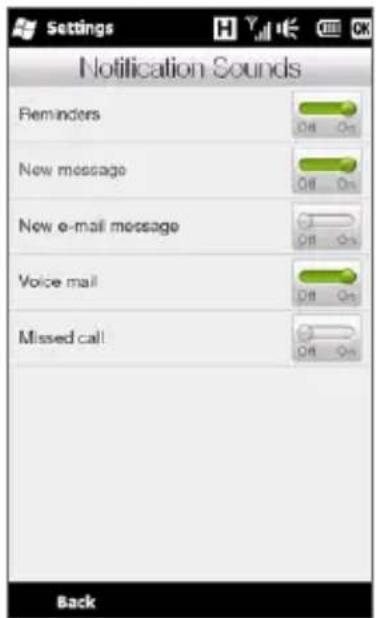 Settings Notification Sounds Reminders Off On New message Off On New e-mail message Off On Voice mail Off On Missed call Off On Back