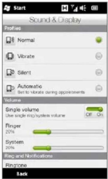 Sound & Display Profiles Normal Vibrate Silent Automatic Set to vibrate during appointments Volume Single volume Use single ring/system volume Off On Finger 20% System 20% Ring and Notifications Ringtone Back