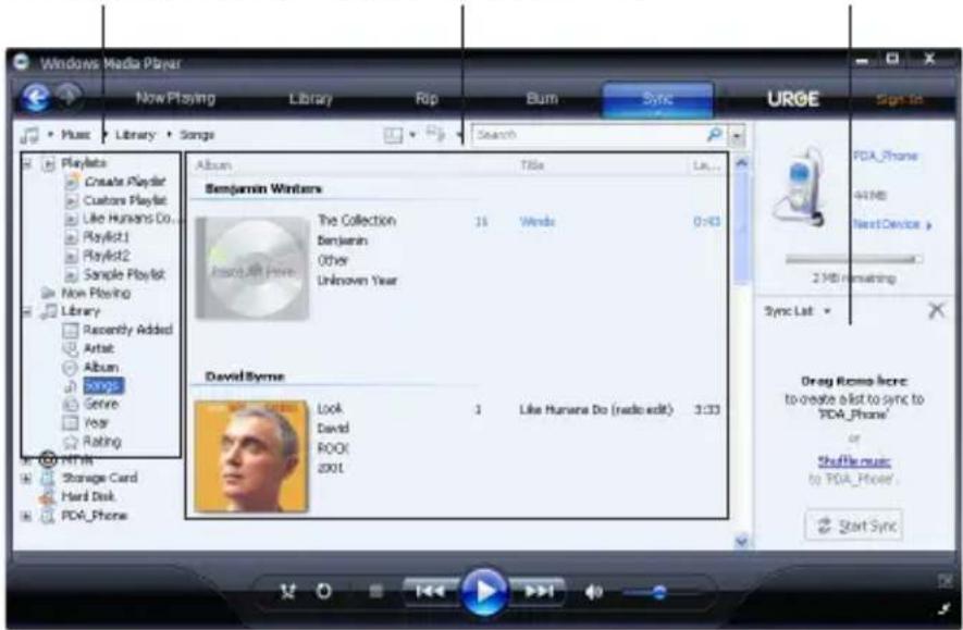 Windows Media Player Now Playing Library Rip Bum Sync UROE Sign to Music Library Songs Search Album Title Lat... Playlets Create Playlet Customs Playlet Like Humans Do... Playlist1 Playlist2 Sample Playlet Non Playing Library Recently Added Artist Album Songs Genre Year Rating HTML Storage Card Hard Disk PCd_Phone Benjamin Winters The Collection Benjamin Other Unknown Year PDA_Phone 41MB Next Device > 2 MB Remapping Sync List Dress Rooms here: to create a list to sync to PDA_Phone' or Shuffle music: to PDA_Phone' Start Sync