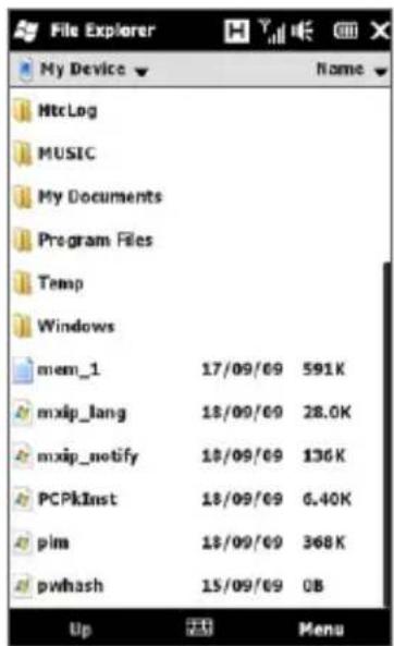 File Explorer My Device Name HtrLog MUSIC My Documents Program Files Temp Windows mem_1 17/09/09 591K mzip_lang 18/09/09 28.0K mzip_notify 18/09/09 136K PCPkInst 18/09/09 6.40K pim 18/09/09 368K pwhash 15/09/09 0B Up Next Cancel