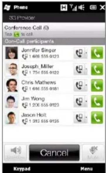 Phone 33 Provider Conference Call (0) Tap 10 call Con-Call participants Jennifer Singer 1 658 555 0123 Joseph Miller 1 754 555 0122 Chris Mathews 1 616 555 0181 Jim Wong 1 206 555 0123 Jason Holt 1 313 555 0135 Cancel Keypad Menu