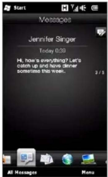 Start Messages Jennifer Singer Today 0:39 Hi, how's everything? Let's catch up and have dinner sometime this week. 3 / 5 All Messages Menu