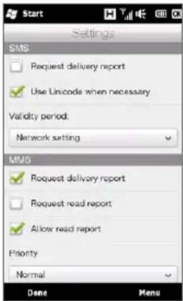 Start Settings SMS Request delivery report Use Lincode when necessary Validity period: Network setting MMS Request delivery report Request read report Allow read report Priority Normal Done Menu