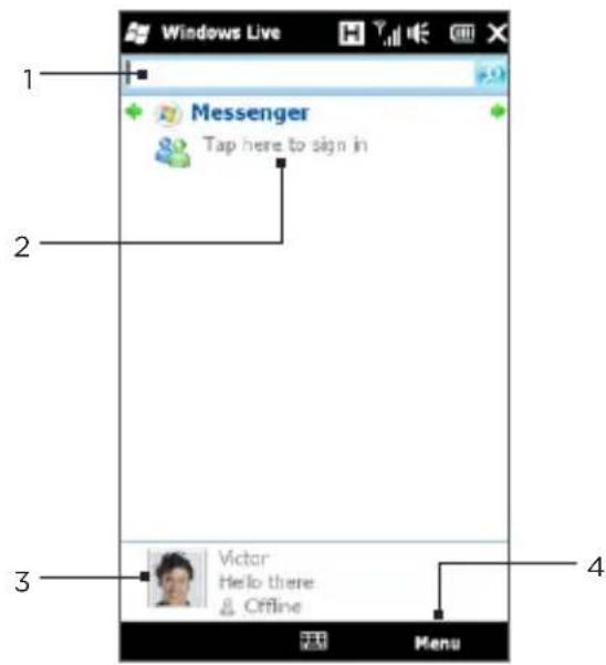 Windows Live 1 Messenger Tap here to sign in 2 3 Victor Hello there & Offline 4 Menu
