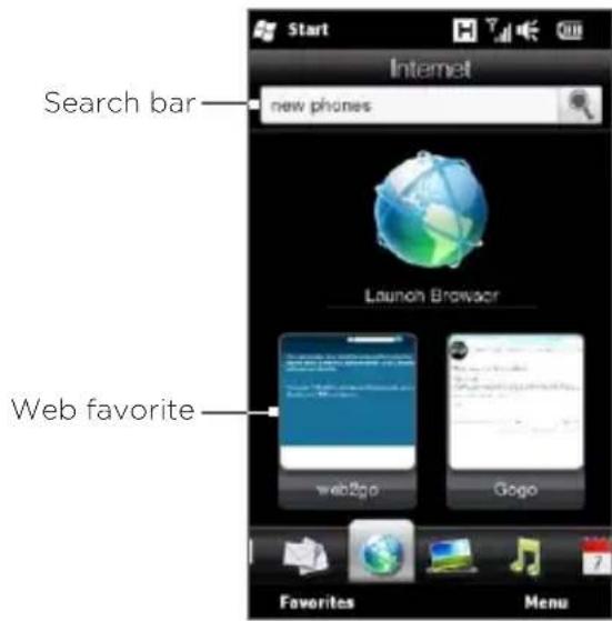 Start Internet Search bar new phones Launch Browser Web favorite web2go Gogo Favorites Menu