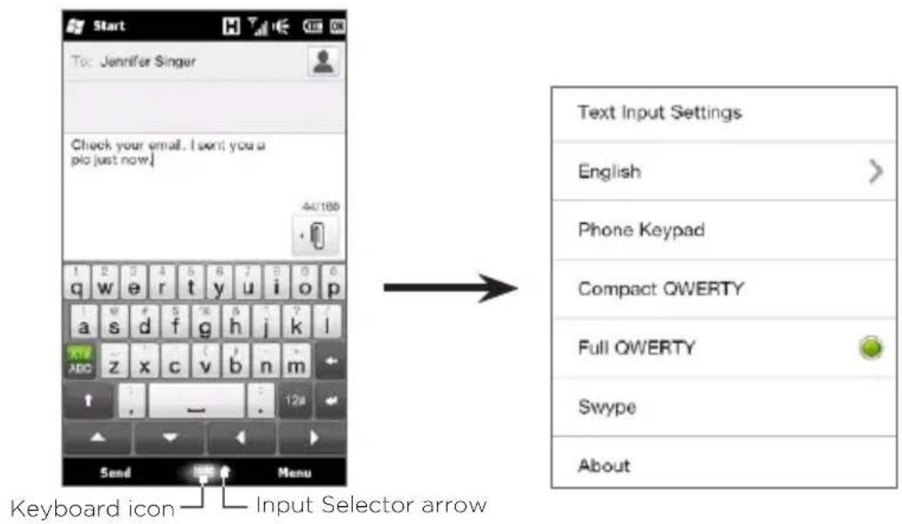 Start To: Jennifer Singer Check your email. I won! you a pic [just now] 44/100 q w e r t y u i o p a s d f g h j k l ABC z x c v b n m ↑ , - 12# Send Menu Keyboard icon Input Selector arrow Text Input Settings English > Phone Keypad Compact QWERTY Full QWERTY Swype About