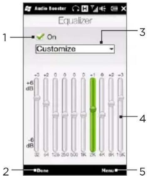 Audio Booster Equalizer 1 On Customize 3 +6 dB -6 dB 32 64 126 250 500 1K 2K 4K 8K 15K 4 Done Menu