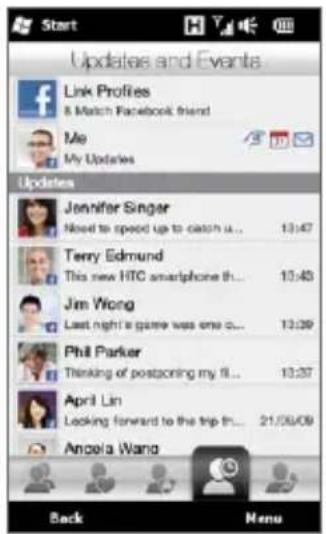 Start Updates and Events Link Profiles & Match Facebook friend Me My Updates Updates Jennifer Singer Need to speed up to catch it... 13:47 Terry Edmund This new HTC smartphone th... 10:45 Jim Wong Last night's game was one o... 13:39 Phil Parker Thinking of postponing my fil... 10:27 April Lin Looking forward to the trip th... 21/06/09 Angola Wang Back Menu