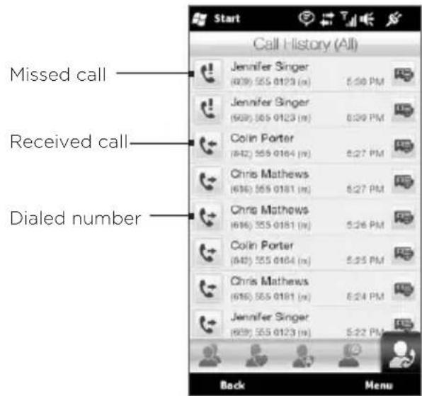 Call History (All) Missed call Received call Dialed number Jennifer Singer (609) 555 0123 (m) 5:30 PM Jennifer Singer (608) 555 0123 (m) 8:39 PM Colin Porter (642) 555 0164 (m) 8:27 PM Chris Mathews (616) 555 0181 (m) 8:27 PM Chris Mathews (616) 555 0181 (m) 5:26 PM Colin Porter (643) 555 0164 (m) 5:25 PM Chris Mathews (616) 555 0181 (m) 8:24 PM Jennifer Singer (609) 555 0123 (m) 5:22 PM Back Menu
