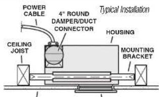 POWER CABLE 4" ROUND DAMPER/DUCT CONNECTOR Typical Installation HOUSING CEILING JOIST MOUNTING BRACKET