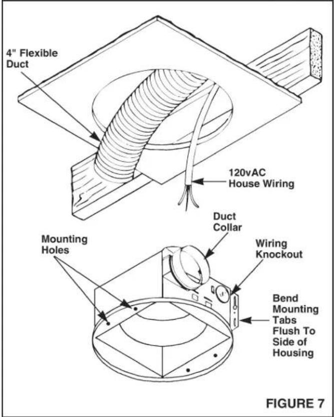 4" Flexible Duct 120vAC House Wiring Duct Collar Mounting Holes Wiring Knockout Bend Mounting Tabs Flush To Side of Housing FIGURE 7