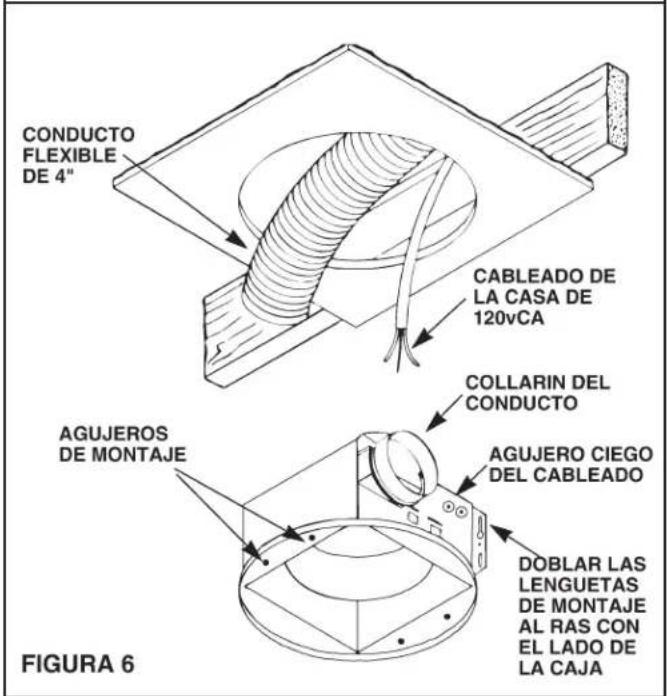 CONDUCTO FLEXIBLE DE 4° CABLEADO DE LA CASA DE 120vCA COLLARIN DEL CONDUCTO AGUJEROS DE MONTAJE AGUJERO CIEGO DEL CABLEADO DOBLAR LAS LENGUETAS DE MONTAJE AL RAS CON EL LADO DE LA CAJA FIGURA 6