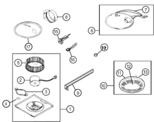 Exploded view diagram of a kitchen appliance with numbered parts for identification
