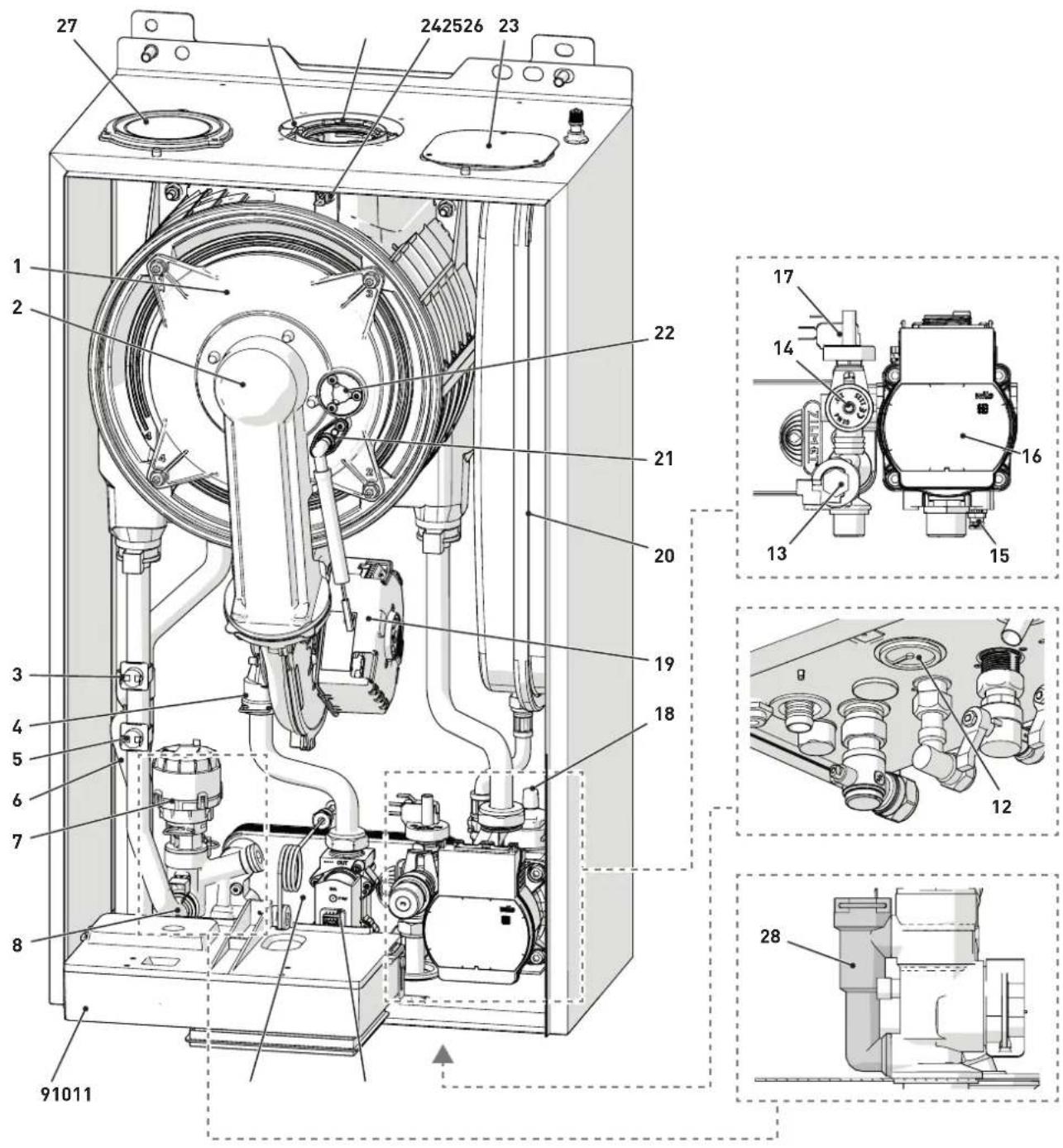 Technical diagram of a mechanical device with numbered components and detailed internal parts, including labeled parts 17 through 28.