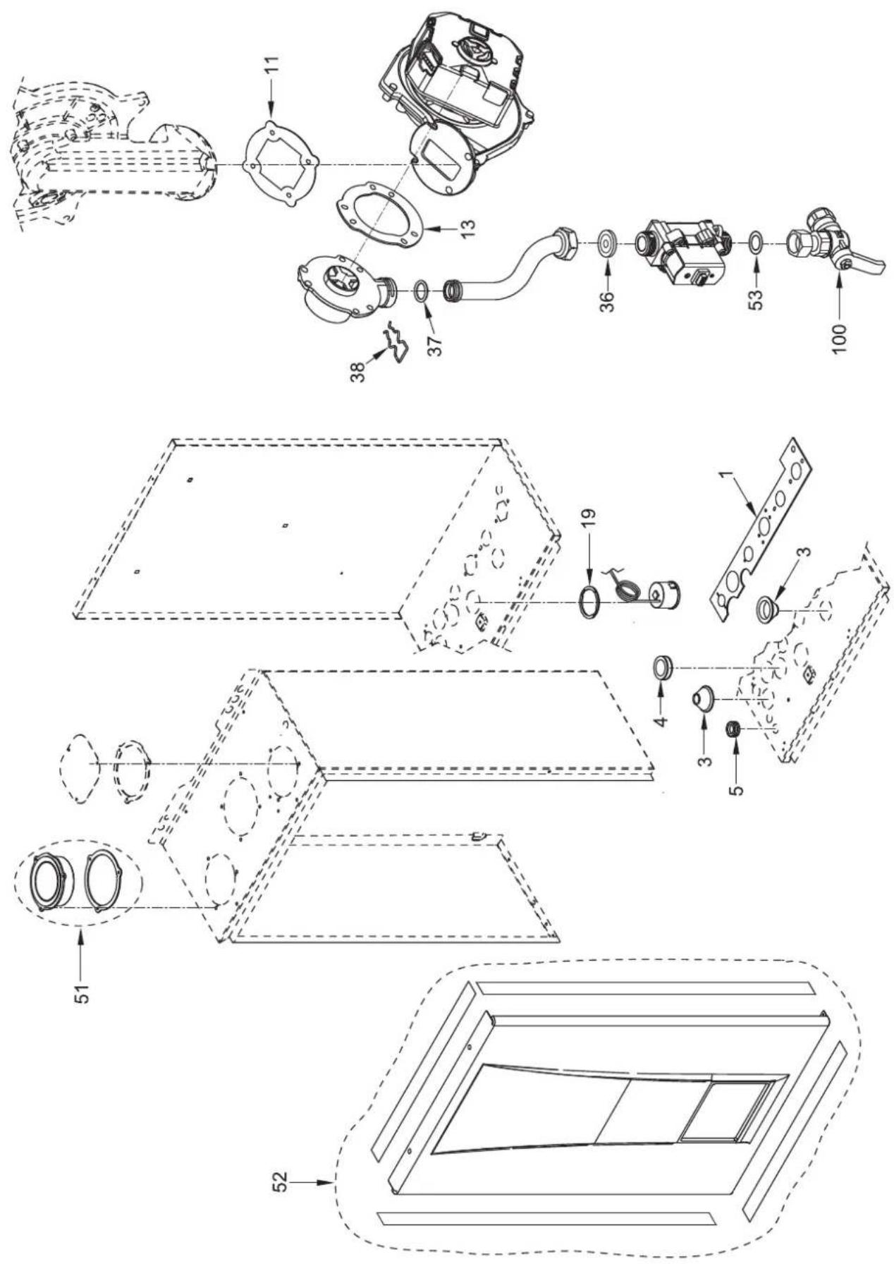 Technical schematic diagram of a mechanical assembly with numbered components and exploded views