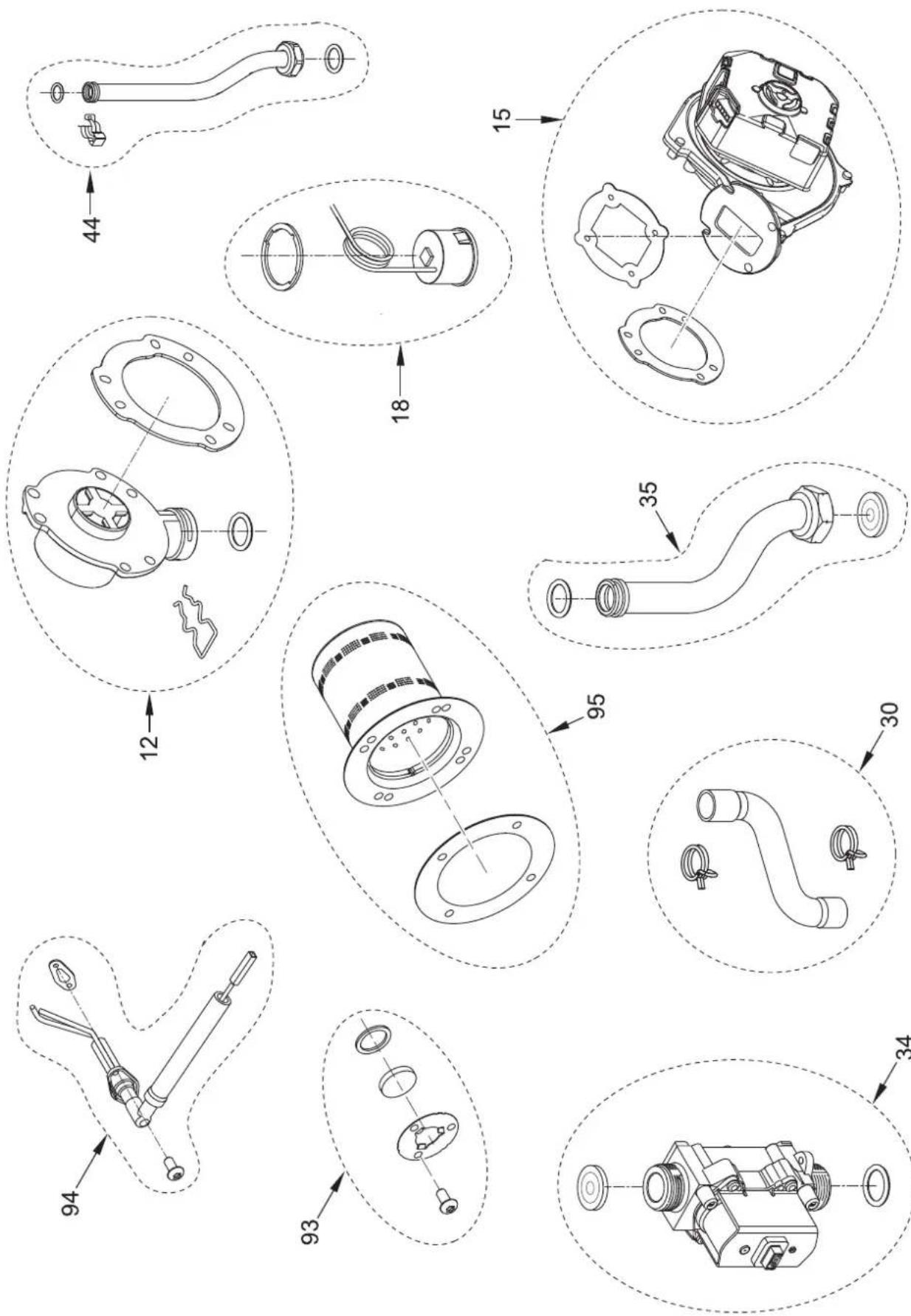 Technical diagram showing exploded and assembled views of mechanical components with numbered annotations