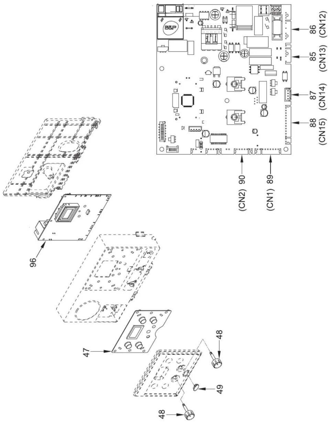 Technical diagram of an electronic circuit board with labeled components and part numbers
