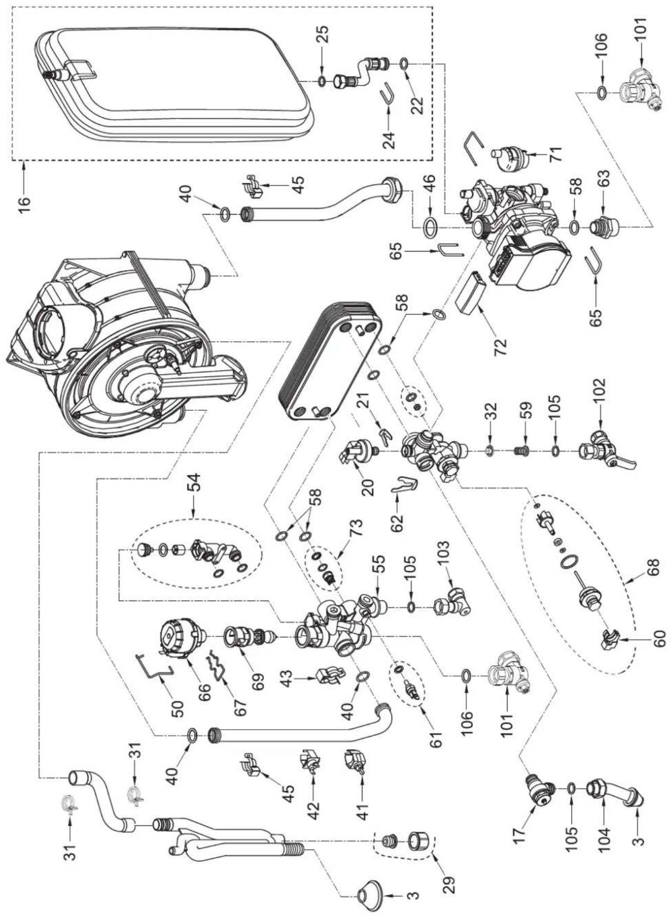 Technical diagram of a mechanical assembly with numbered parts and exploded views, likely for assembly or maintenance purposes.