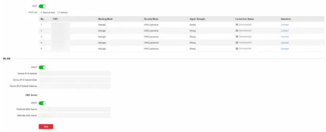 WiFi WiFi List + Manual Add Refresh No. SISO Working Mode Security Mode Signal Strength Connection Status Operation 1 Manage WARNQ personal Shang @ Disconnected Connect 2 Manage WARNQ personal Shang @ Disconnected Connect 3 Manage WARNQ personal Shang @ Disconnected Connect 4 Manage WARNQ personal Shang @ Disconnected Connect 5 Manage WARNQ personal Shang @ Disconnected Connect WLAN DHCP Device IPv4 Address Device IPv4 Subnet Mask Device IPv4 Default Gateway DNS Server DHCP Preferred DNS Server Alternate DNS Server Save