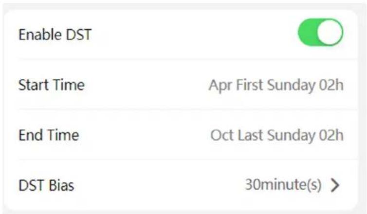 Enable DST Start Time Apr First Sunday 02h End Time Oct Last Sunday 02h DST Bias 30minute(s) >