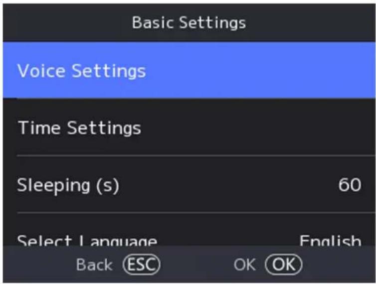 Basic Settings Voice Settings Time Settings Sleeping (s) 60 Select Language English Back ESC OK OK