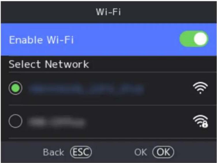 Wi-Fi Enable Wi-Fi Select Network Back ESC OK OK