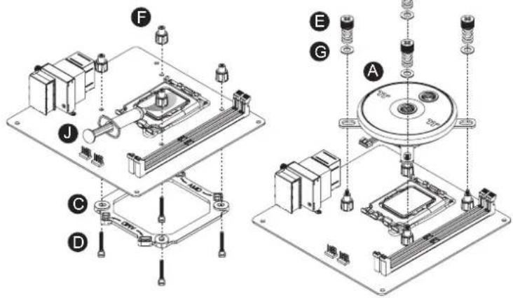 Technical diagram showing exploded view of electronic components with labeled parts A through J