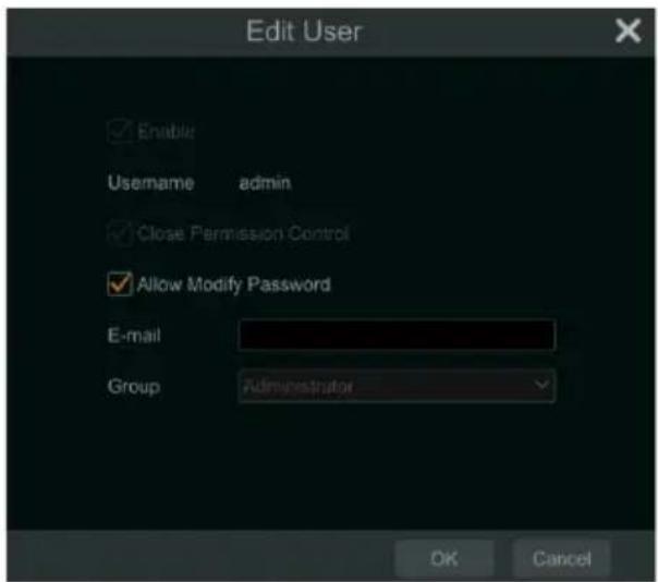 Edit User Enable Username admin Close Permission Control Allow Modify Password E-mail Group Administrator OK Cancel