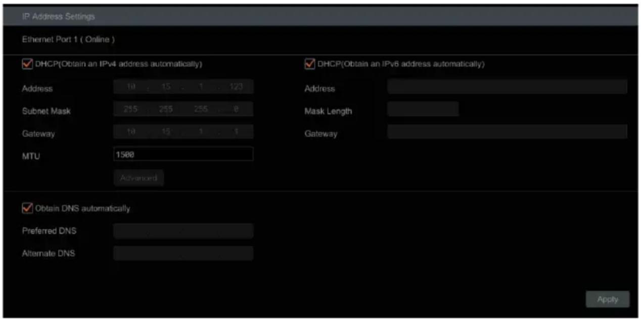 IP Address Settings Ethernet Port 1 ( Online ) DHCP(Obtain an IPv4 address automatically) DHCP(Obtain an IPv6 address automatically) Address 10 15 1 123 Subnet Mask 255 255 255 8 Gateway 10 15 1 1 MTU 1500 Advanced Address Mask Length Gateway Obtain DNS automatically Preferred DNS Alternate DNS Apply