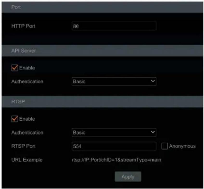 Port HTTP Port 80 API Server ✓ Enable Authentication Basic RTSP ✓ Enable Authentication Basic RTSP Port 554 Anonymous URL Example rtsp://IP:Port/chID=1&streamType=main Apply