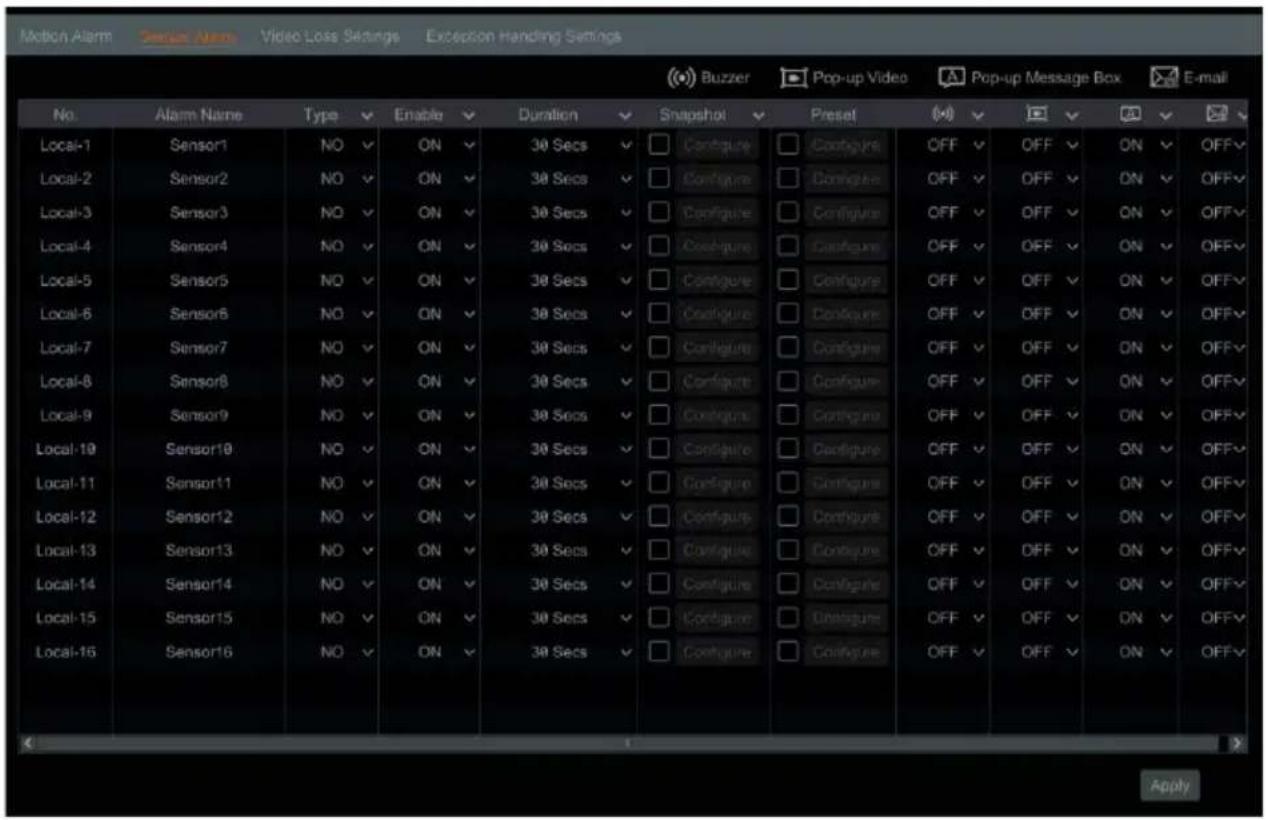 Motion Alarm Sensor Alarm Video Loss Settings Exception Handing Settings (B) Buzzer Pop-up Video A Pop-up Message Box E-mail No. Alarm Name Type Enable Duration Snapshot Preset (x) Local-1 Sensor1 NO ON 30 Secs Configure Configure OFF OFF ON OFF Local-2 Sensor2 NO ON 30 Secs Configure Configure OFF OFF ON OFF Local-3 Sensor3 NO ON 30 Secs Configure Configure OFF OFF ON OFF Local-4 Sensor4 NO ON 30 Secs Configure Configure OFF OFF ON OFF Local-5 Sensor5 NO ON 30 Secs Configure Configure OFF OFF ON OFF Local-6 Sensor6 NO ON 30 Secs Configure Configure OFF OFF ON OFF Local-7 Sensor7 NO ON 30 Secs Configure Configure OFF OFF ON OFF Local-8 Sensor8 NO ON 30 Secs Configure Configure OFF OFF ON OFF Local-9 Sensor9 NO ON 30 Secs Configure Configure OFF OFF ON OFF Local-10 Sensor10 NO ON 30 Secs Configure Configure OFF OFF ON OFF Local-11 Sensor11 NO ON 30 Secs Configure Configure OFF OFF ON OFF Local-12 Sensor12 NO ON 30 Secs Configure Configure OFF OFF ON OFF Local-13 Sensor13 NO ON 30 Secs Configure Configure OFF OFF ON OFF Local-14 Sensor14 NO ON 30 Secs Configure Configure OFF OFF ON OFF Local-15 Sensor15 NO ON 30 Secs Configure Configure OFF OFF ON OFF Local-16 Sensor16 NO ON 30 Secs Configure Configure OFF OFF ON Apply