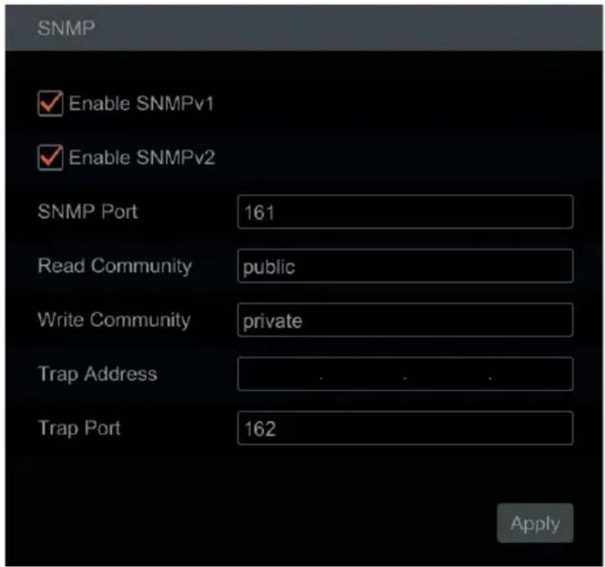 SNMP Enable SNMPv1 Enable SNMPv2 SNMP Port 161 Read Community public Write Community private Trap Address . . . . Trap Port 162 Apply