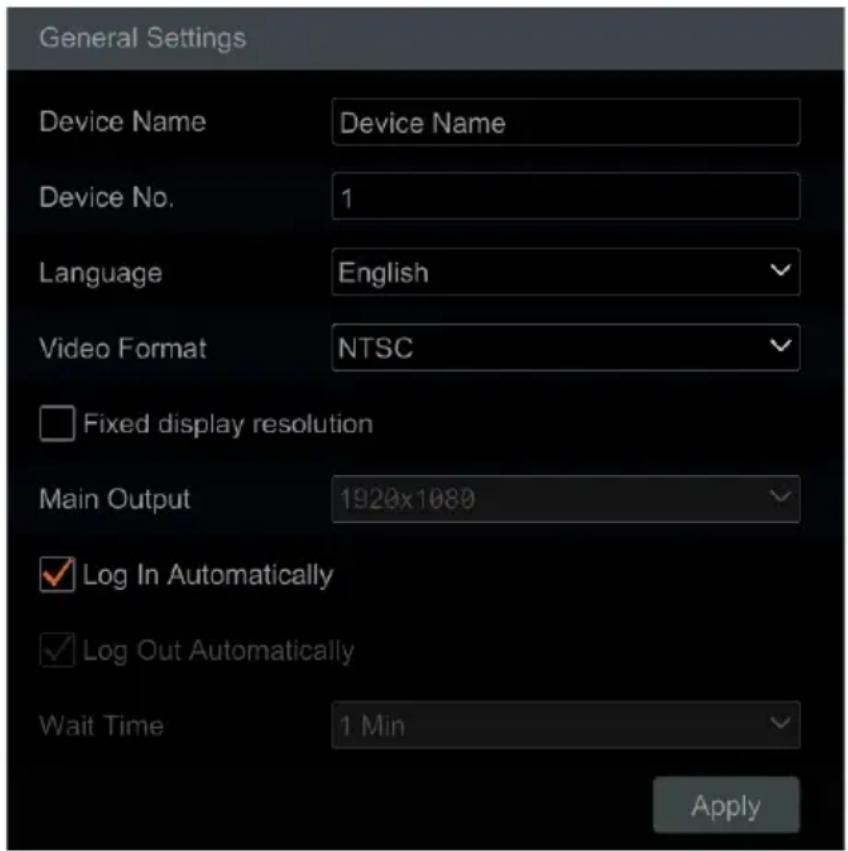 General Settings Device Name Device Name Device No. 1 Language English Video Format NTSC Fixed display resolution Main Output 1920x1080 Log In Automatically Log Out Automatically Wait Time 1 Min Apply