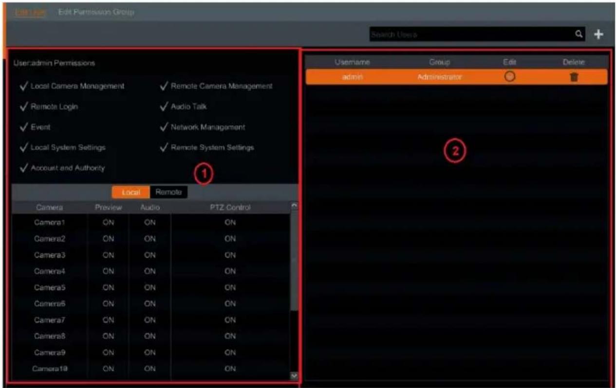 Edit Permission Group Search Users User admin Permissions ✓ Local Camera Management ✓ Remote Camera Management ✓ Remote Login ✓ Audio Talk ✓ Event ✓ Network Management ✓ Local System Settings ✓ Remote System Settings ✓ Account and Authority Local Remote Camera Preview Audio PTZ Control Camera1 ON ON ON Camera2 ON ON ON Camera3 ON ON ON Camera4 ON ON ON Camera5 ON ON ON Camera6 ON ON ON Camera7 ON ON ON Camera8 ON ON ON Camera9 ON ON ON Camera10 ON ON ON