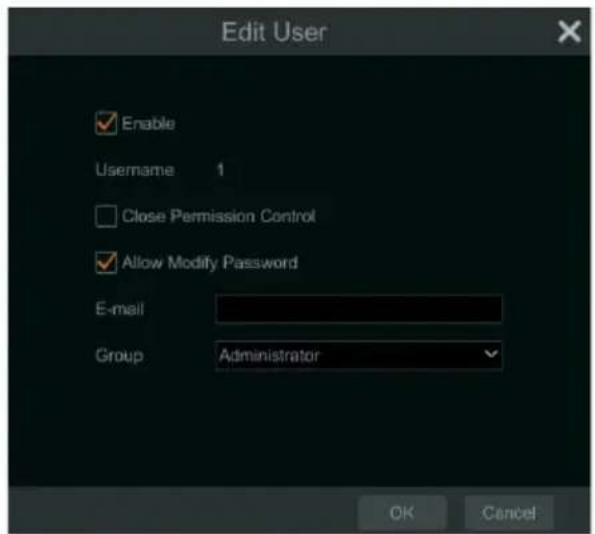 Edit User Enable Username 1 Close Permission Control Allow Modify Password E-mail Group Administrator OK Cancel
