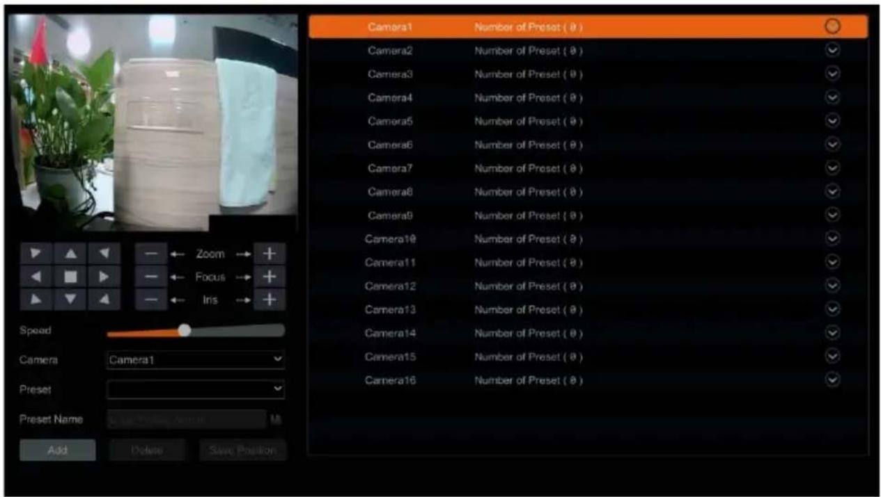 Camera1 Number of Preset ( θ ) Camera2 Number of Preset ( θ ) Camera3 Number of Preset ( θ ) Camera4 Number of Preset ( θ ) Camera5 Number of Preset ( θ ) Camera6 Number of Preset ( θ ) Camera7 Number of Preset ( θ ) Camera8 Number of Preset ( θ ) Camera9 Number of Preset ( θ ) Camera10 Number of Preset ( θ ) Camera11 Number of Preset ( θ ) Camera12 Number of Preset ( θ ) Camera13 Number of Preset ( θ ) Camera14 Number of Preset ( θ ) Camera15 Number of Preset ( θ ) Camera16 Number of Preset ( θ ) Zoom Focus Iris Speed Camera Camera1 Preset Preset Name Add Delete Save Position