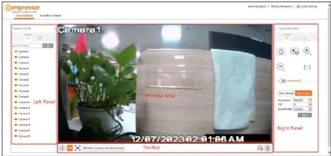 ompressor Live Display Function Panel Camera (10/10) Search Camera Camera1 Camera2 Camera3 Camera4 Camera5 Camera6 Camera7 Camera8 Camera9 Camera10 Camera11 Camera12 Camera13 Camera14 Camera15 Camera16 Camera17 Left Panel Camera1 Preview Area Main Stream Select Screen Resolution 30.0x240 FPA 15 Max Bracket 5.0x200px Import Right Panel 12/07/2023 02:01:06 AM Toolbar