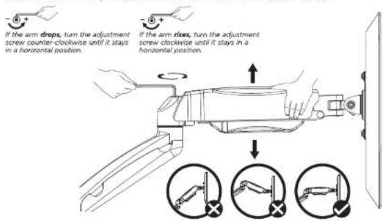 If the arm drops, turn the adjustment screw counter-clockwise until it stays in a horizontal position. If the arm fixes, turn the adjustment screw clockwise until it stays in a horizontal position.