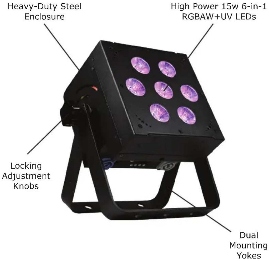 Heavy-Duty Steel Enclosure Locking Adjustment Knobs High Power 15w 6-in-1 RGBAW+UV LEDs Dual Mounting Yokes