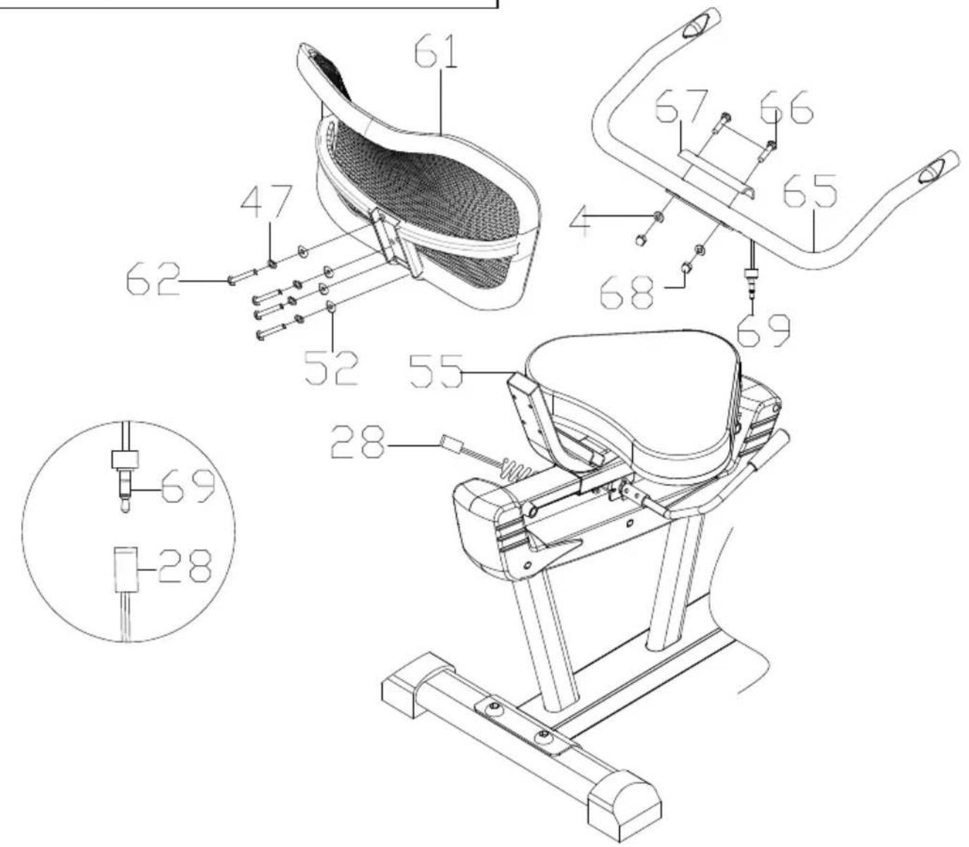 Technical diagram of a stationary exercise machine with labeled parts and internal components
