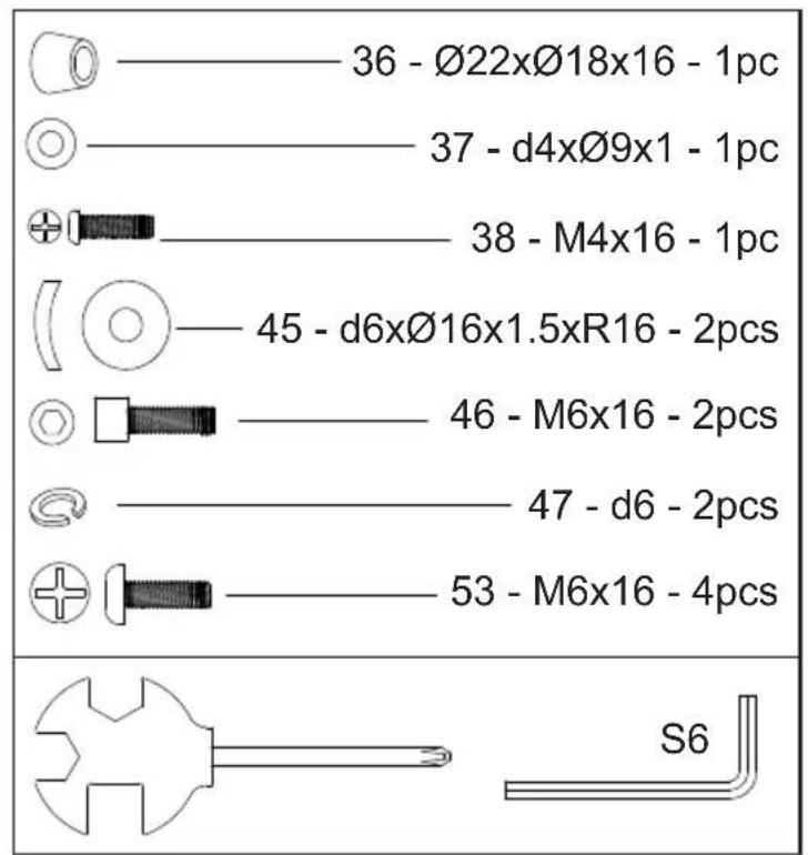 36 - Ø22xØ18x16 - 1pc 37 - d4xØ9x1 - 1pc 38 - M4x16 - 1pc 45 - d6xØ16x1.5xR16 - 2pcs 46 - M6x16 - 2pcs 47 - d6 - 2pcs 53 - M6x16 - 4pcs S6