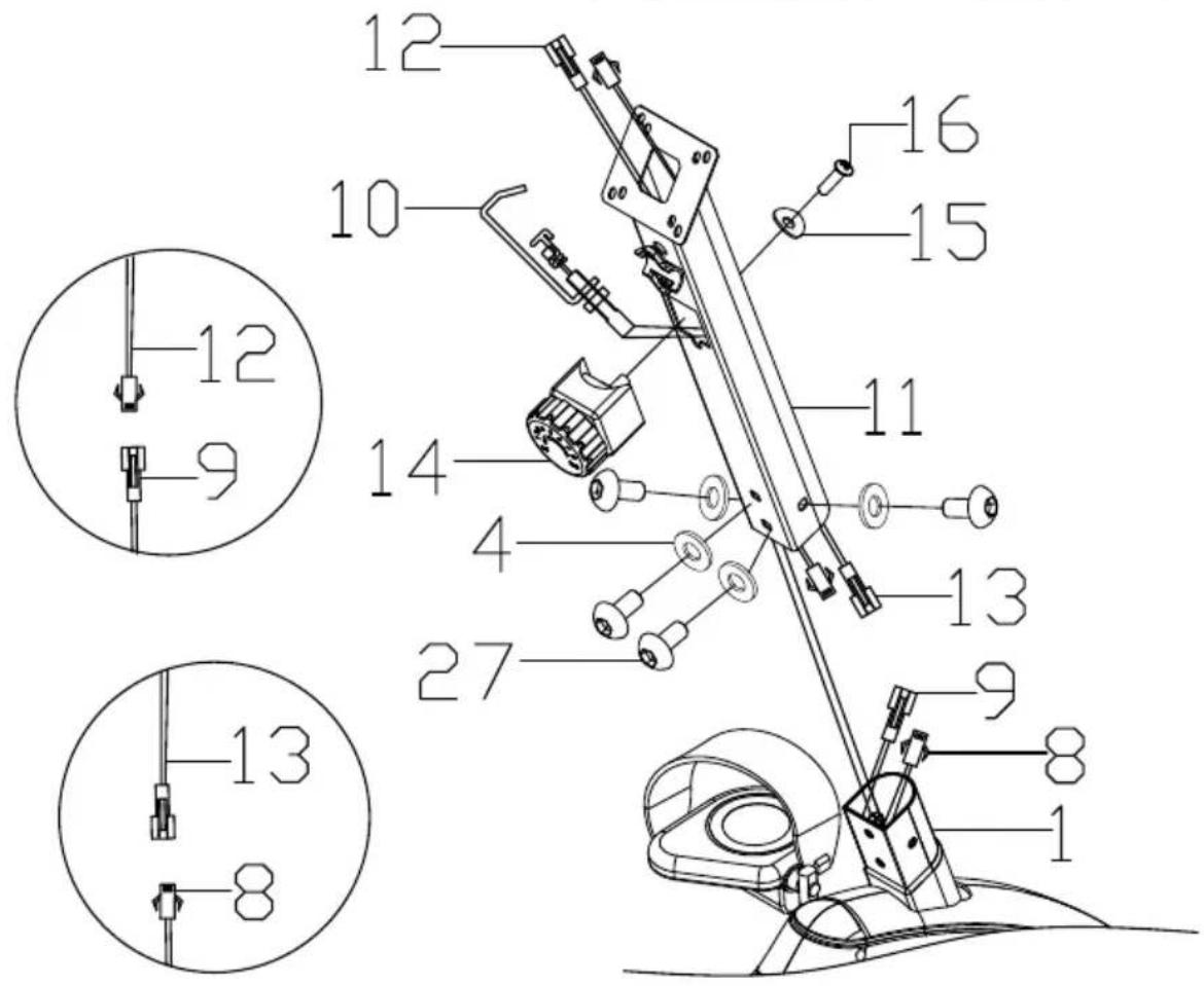 Technical diagram of a mechanical assembly with numbered components and detail views for mechanical parts.