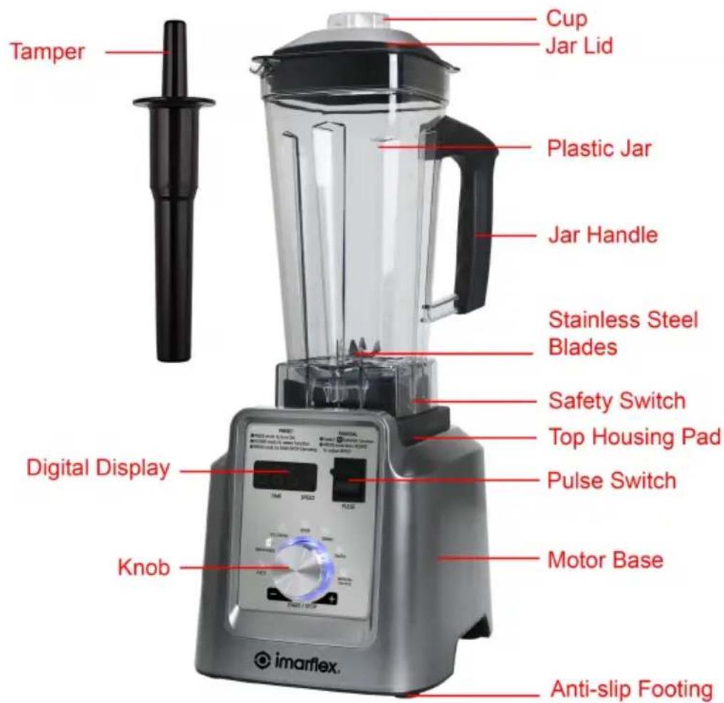 Tamper Cup Jar Lid Plastic Jar Jar Handle Stainless Steel Blades Safety Switch Top Housing Pad Pulse Switch Digital Display Knob Motor Base Anti-slip Footing imarflex.