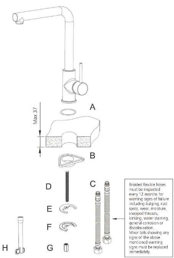 Max 37 A B D E F G C H Braided flexible hoses must be inspected every 12 months for warning signs of failure including bulging, rust spots, wear, moisture, snapped threads, kinking, water staining, general corrosion or discolouration. Mixer tails showing any signs of the above mentioned warning sign…