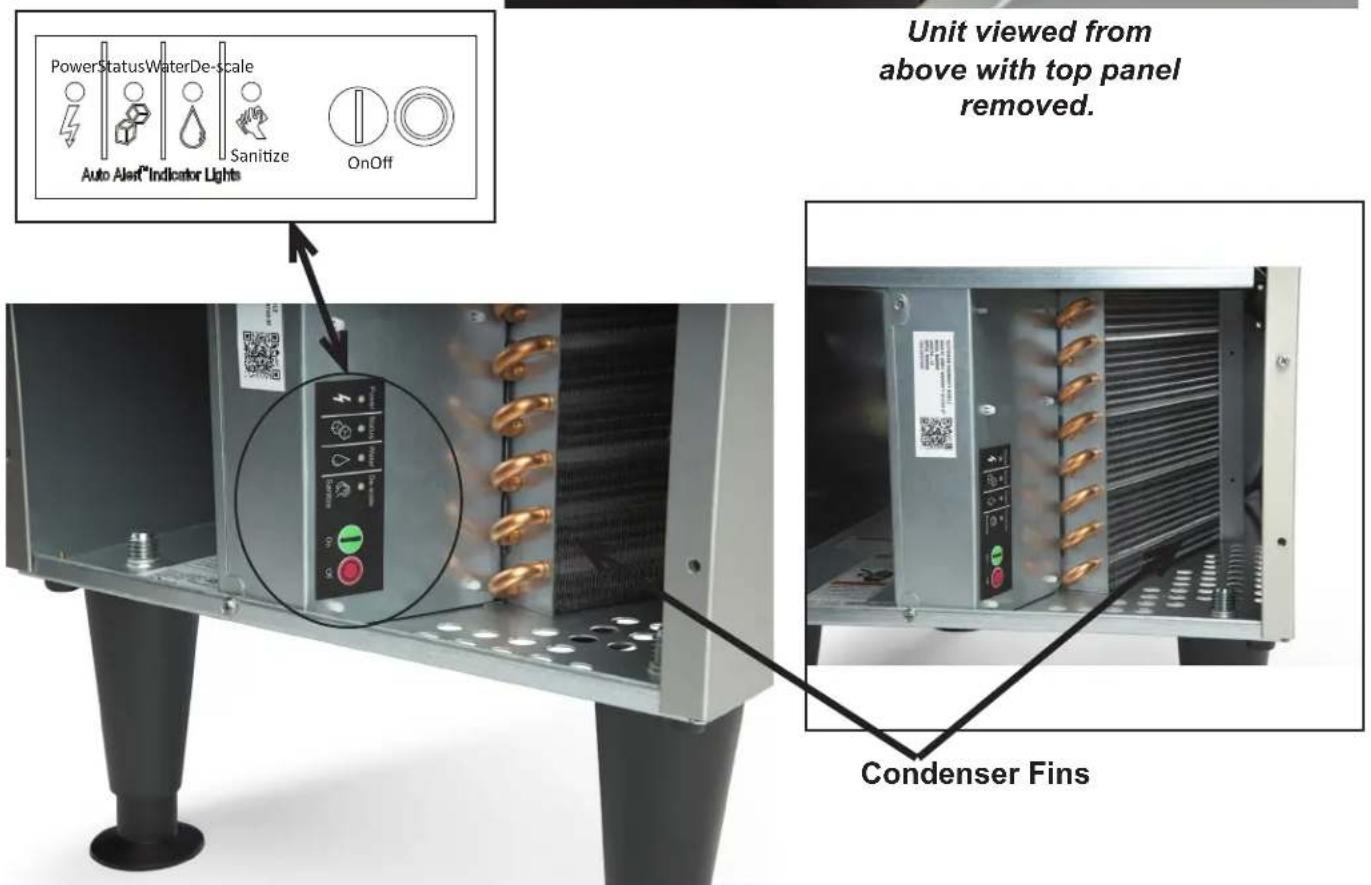 PowerStatusWaterDe-scale Sanitize Auto Alert™ Indicator Lights OnOff Unit viewed from above with top panel removed. Condenser Fins