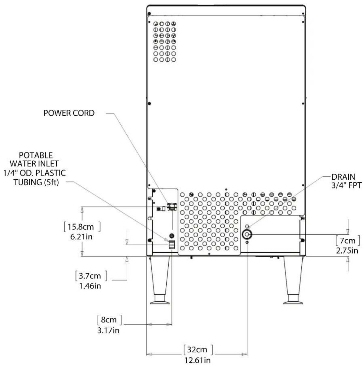 POWER CORD POTABLE WATER INLET 1/4" OD. PLASTIC TUBING (5ft) [15.8cm] 6.21in [3.7cm] 1.46in [8cm] 3.17in [32cm] 12.61in DRAIN 3/4" FPT [7cm] 2.75in