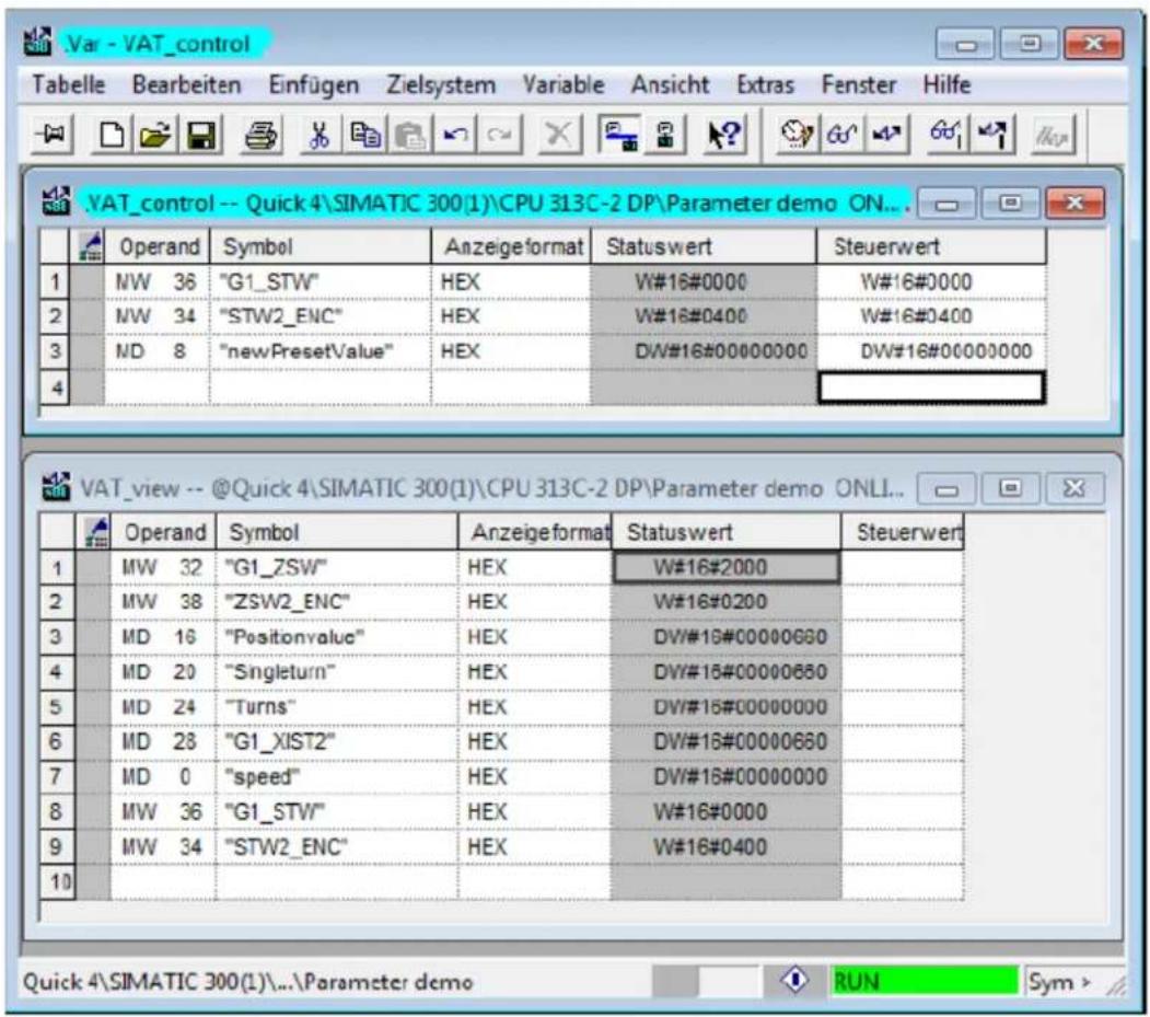 .VAT_control -- Quick 4\SIMATIC 300(1)\CPU 313C-2 DP\Parameter demo ON... Operand Symbol Anzeigeformat Statuswert Steuerwert 1 MW 36 "G1_STW" HEX W#16#0000 W#16#0000 2 MW 34 "STW2_ENC" HEX W#16#0400 W#16#0400 3 MD 8 "newPresetValue" HEX DV#16#00000000 DW#16#00000000 4 VAT_view -- @Quick 4\SIMATIC 300(1)\CPU 313C-2 DP\Parameter demo ONLY... Operand Symbol Anzeigeformat Statuswert Steuerwert 1 MW 32 "G1_ZSW" HEX W#16#2000 2 MW 38 "ZSW2_ENC" HEX W#16#0200 3 MD 16 "Positonvalue" HEX DV#16#00000680 4 MD 20 "Singleton" HEX DV#16#00000680 5 MD 24 "Turns" HEX DV#16#00000000 6 MD 28 "G1_XIST2" HEX DV#16#00000680 7 MD 0 "speed" HEX DV#16#00000000 8 MW 36 "G1_STW" HEX W#16#0000 9 MW 34 "STW2_ENC" HEX W#16#0400 10 Quick 4\SIMATIC 300(1)\...\Parameter demo RUN Sym >