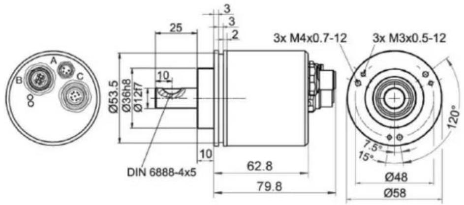 A B C Ø53.5 Ø36h8 Ø12f7 10 10 DIN 6888-4x5 3x M4x0.7-12 3x M3x0.5-12 62.8 79.8 Ø48 Ø58 120° 7.5° 15°